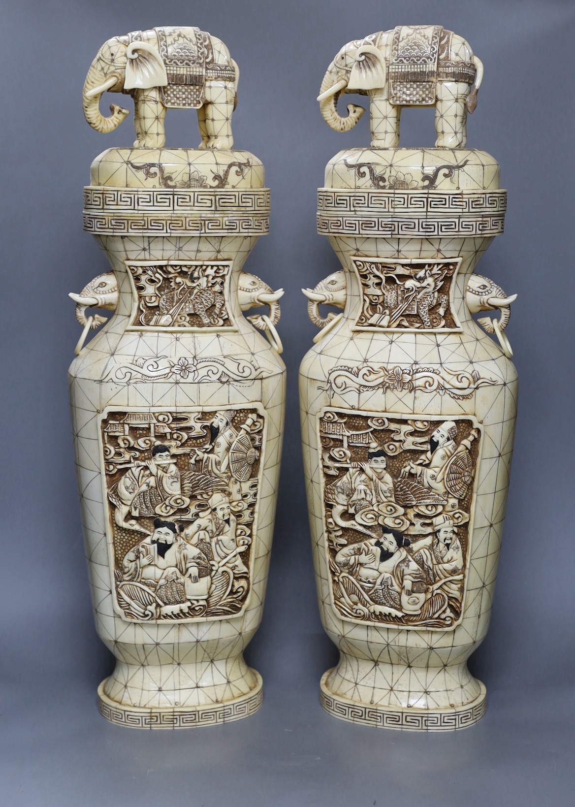 A pair of large Chinese bone veneered vases, 63cm high